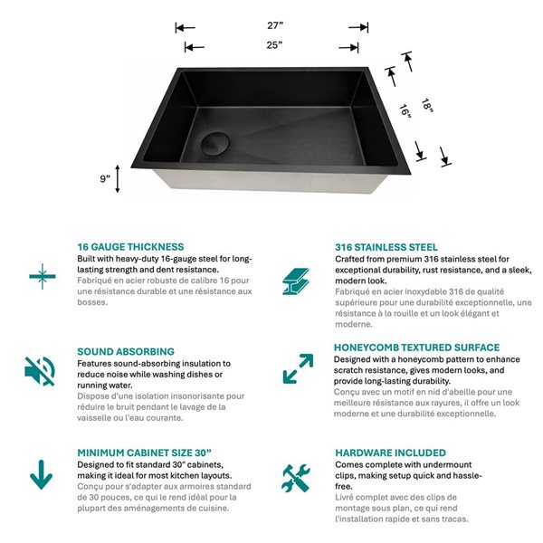 Unique Home Supplies Kitchen Sink Undermount Single Bowl Textured Honeycomb 27 x 18-in - Black Stainless Steel