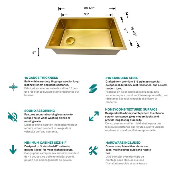Unique Home Supplies Kitchen Sink Undermount Single Bowl Textured