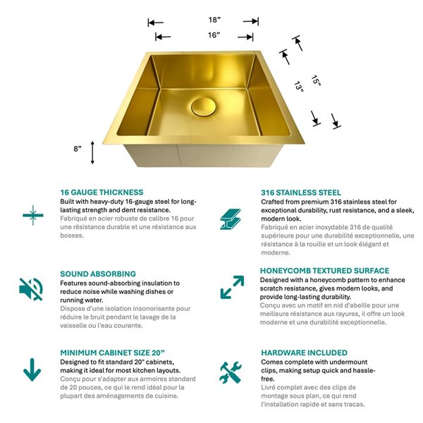 Unique Home Supplies Kitchen Sink Undermount Single Bowl Textured Honeycomb 18 x 15-in - Gold Stainless Steel