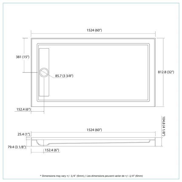 A&E Bath and Shower Evana Single Threshold Rectangle Shower Base w/ Hidden Left Side Drain 32 x 60-in - White