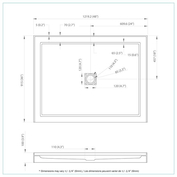 A&E Bath and Shower Erkan Single Threshold Rectangle Shower Base w/ Centre Drain 36 x 48-in - White