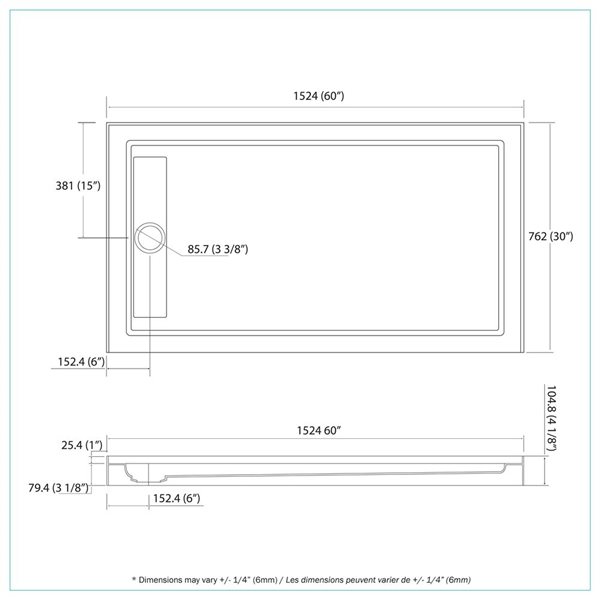 A&E Bath and Shower Evana Single Threshold Rectangle Shower Base w/ Hidden Left Side Drain 30 x 60-in - White