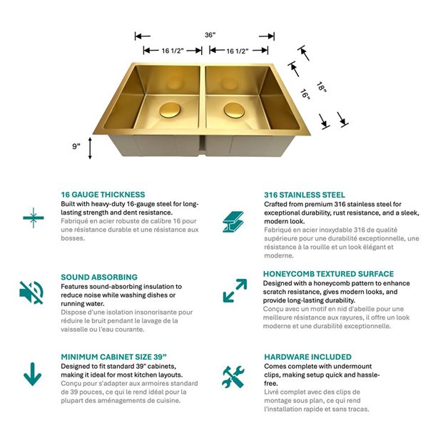 Unique Home Supplies Kitchen Sink Undermount Double Bowl 36-in - Gold