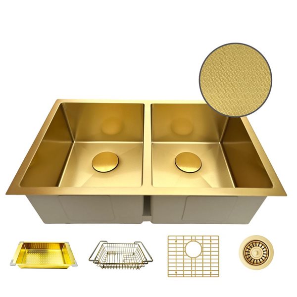 Unique Home Supplies Kitchen Sink Undermount Double Bowl 34-in - Gold