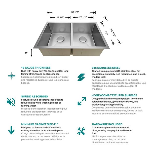 Unique Home Supplies Kitchen Sink Undermount Double Bowl 38.5-in