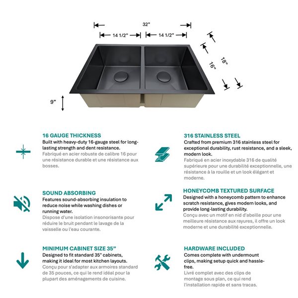 Unique Home Supplies Kitchen Sink Undermount Double Bowl 32-in - Black