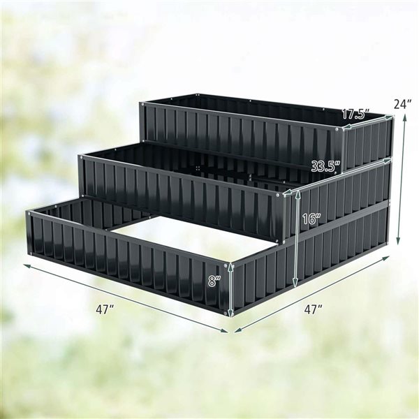Costway 3-Tier Raised Garden Bed w/ Metal Planter Box 47 x 47 x 24-in - Black
