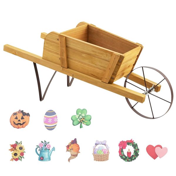 Costway Wooden Decorative Rustic Wheelbarrow Planter for Flowers - Beige