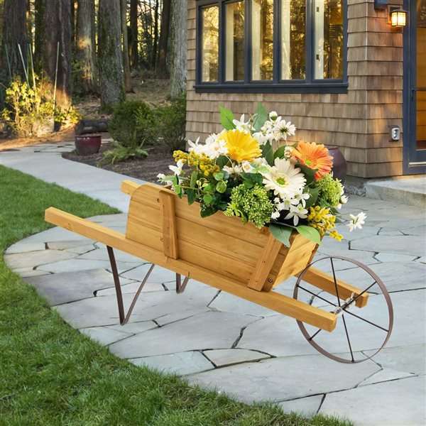 Costway Wooden Decorative Rustic Wheelbarrow Planter for Flowers - Beige