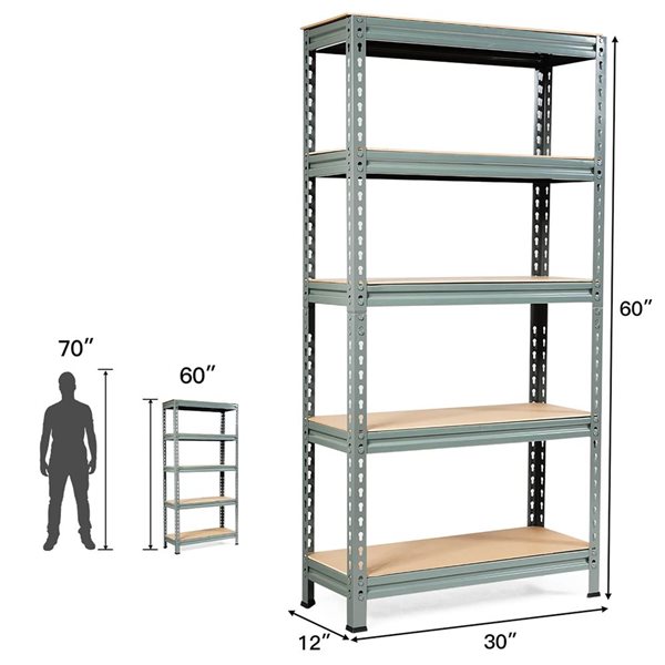 Costway 5-Tier Steel Shelving Unit Adjustable 60-in - Grey