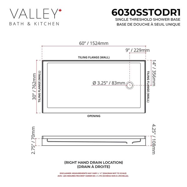 Valley Bath & Kitchen Acrylic Shower Base 30 W x 60-in L with Right Drain - White