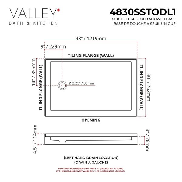 Valley Bath & Kitchen Acrylic Shower Base 30 W x 48-in L with Left Drain - White