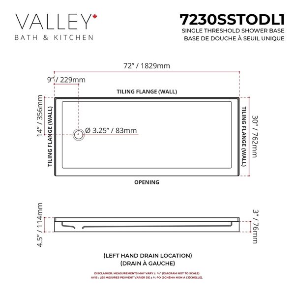 Valley Bath & Kitchen Acrylic Shower Base 30 W x 72-in L with Left Drain - White