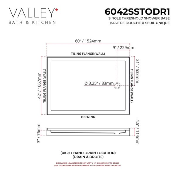 Valley Bath & Kitchen Acrylic Shower Base 42 W x 60-in L with Right Drain - White