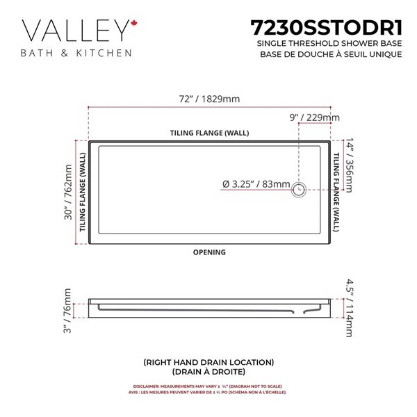 Valley Bath & Kitchen Acrylic Shower Base 30 W x 72-in L with Right Drain - White