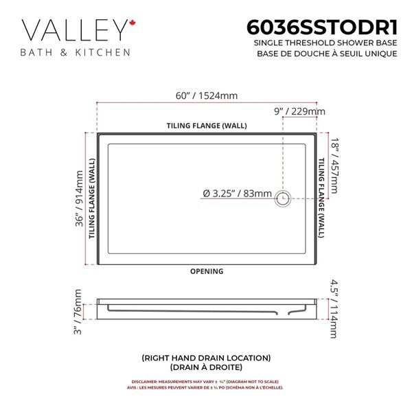 Valley Bath & Kitchen Acrylic Shower Base 36 W x 60-in L with Right Drain - White