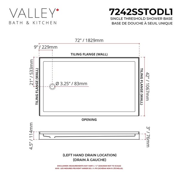 Valley Bath & Kitchen Acrylic Shower Base 42 W x 72-in L with Left Drain - White