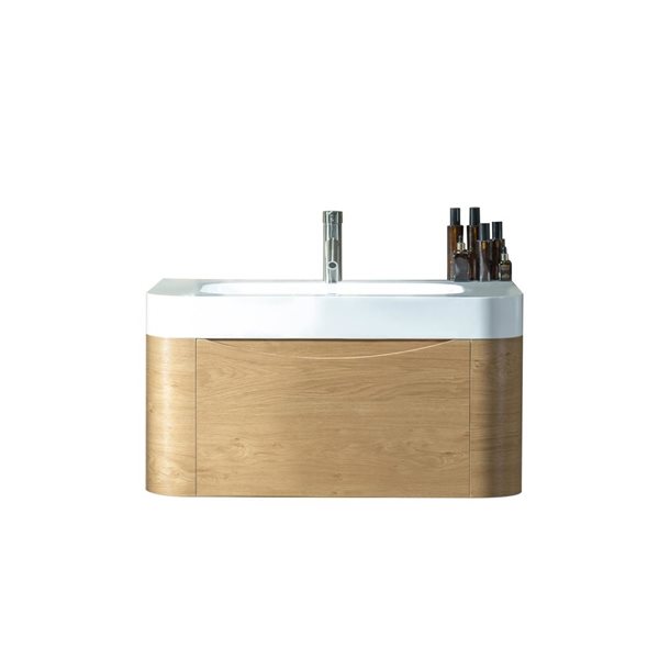 Woodbridge Space-Saving Wall-Mounted Floating Bathroom Vanity w/ White Ceramic Top 36-in - Wood Finish