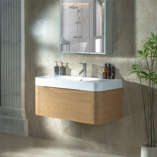 Woodbridge Space-Saving Wall-Mounted Floating Bathroom Vanity w/ White Ceramic Top 36-in - Wood Finish