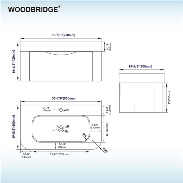 Woodbridge Space-Saving Wall-Mounted Floating Bathroom Vanity w/ White Ceramic Top 36-in - Wood Finish