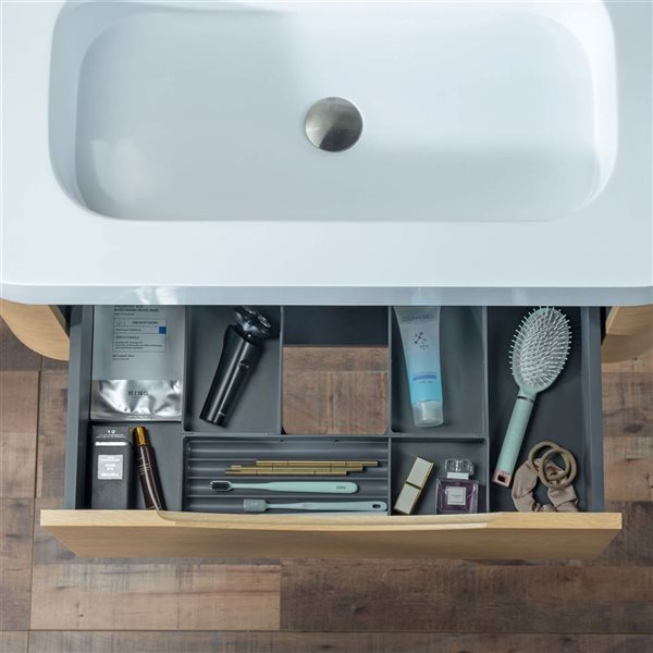 Woodbridge Space-Saving Wall-Mounted Floating Bathroom Vanity w/ White Ceramic Top 36-in - Wood Finish