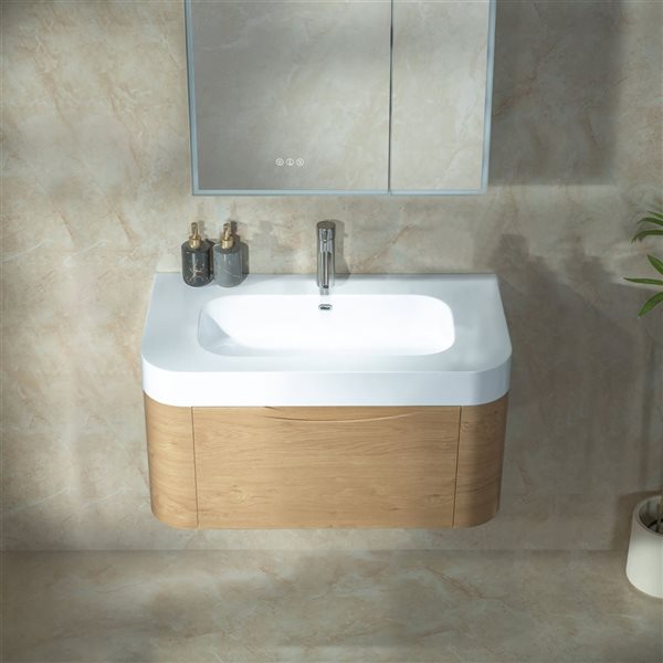 Woodbridge Space-Saving Wall-Mounted Floating Bathroom Vanity w/ White Ceramic Top 36-in - Wood Finish