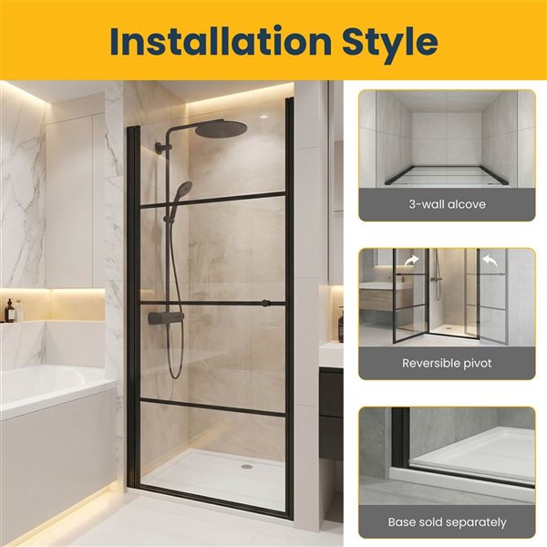 GEF Terry Reversible Pivot Shower Door 36 x 79-in - Matte Black