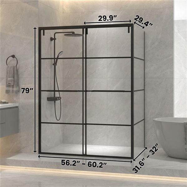 GEF Terry Framed Reversible Sliding Shower Door 60 x 79-in with 32-in Side Panel - Matte Black