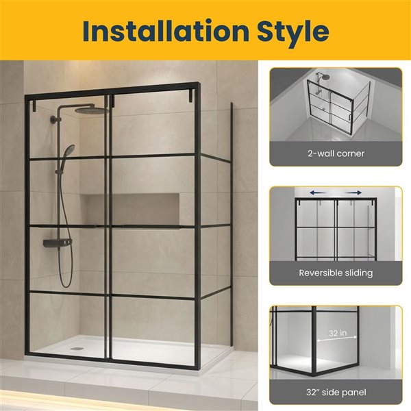 GEF Terry Framed Reversible Sliding Shower Door 60 x 79-in with 32-in Side Panel - Matte Black