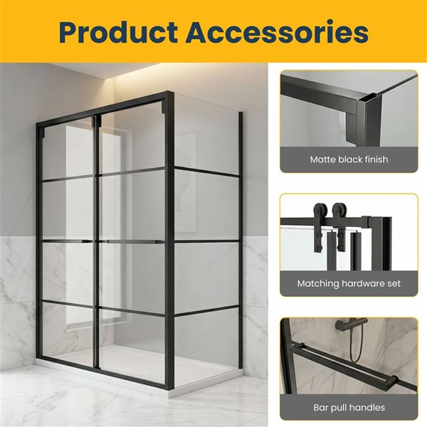 GEF Terry Framed Reversible Sliding Shower Door 60 x 79-in with 32-in Side Panel - Matte Black