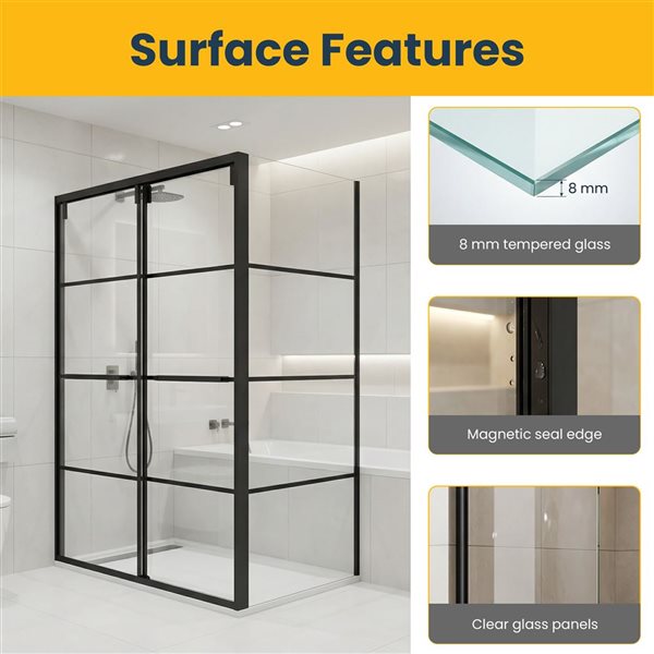 GEF Terry Framed Reversible Sliding Shower Door 60 x 79-in with 32-in Side Panel - Matte Black