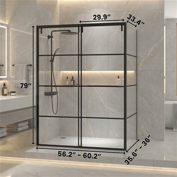 GEF Terry Framed Reversible Sliding Shower Door 60 x 79-in with 36-in Side Panel - Matte Black