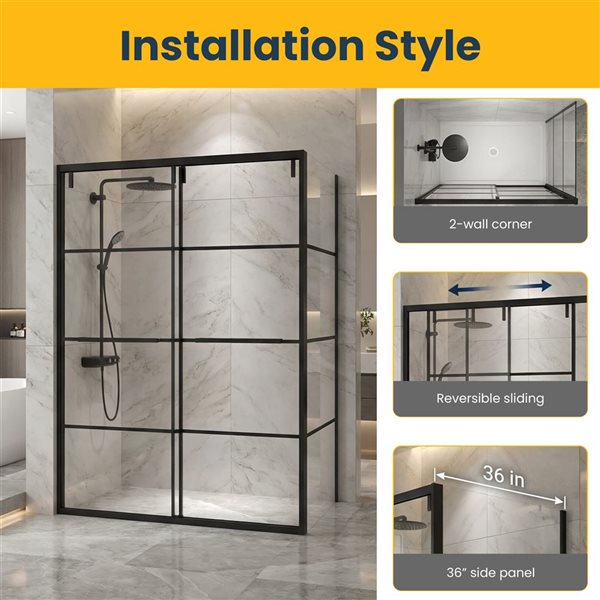 GEF Terry Framed Reversible Sliding Shower Door 60 x 79-in with 36-in Side Panel - Matte Black