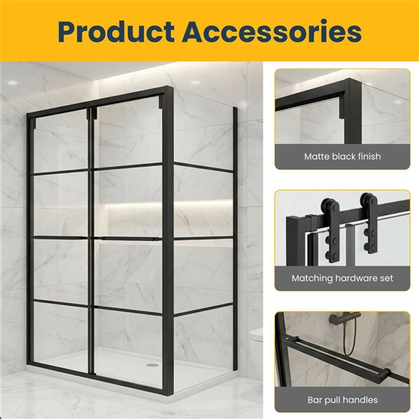 GEF Terry Framed Reversible Sliding Shower Door 60 x 79-in with 36-in Side Panel - Matte Black