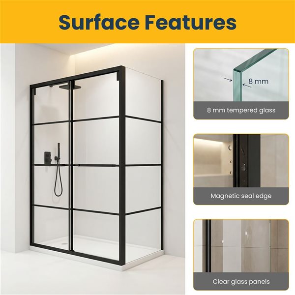 GEF Terry Framed Reversible Sliding Shower Door 60 x 79-in with 36-in Side Panel - Matte Black