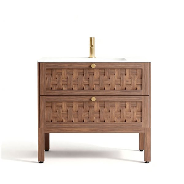 GEF Tory Bathroom Vanity in Walnut 36 x 19-in 2-Drawer Wall-Mounted with Matte White Countertop