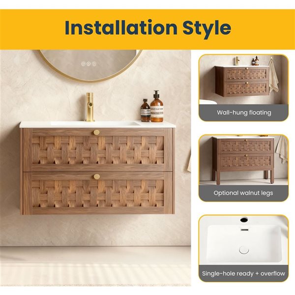 GEF Tory Bathroom Vanity in Walnut 36 x 19-in 2-Drawer Wall-Mounted with Matte White Countertop