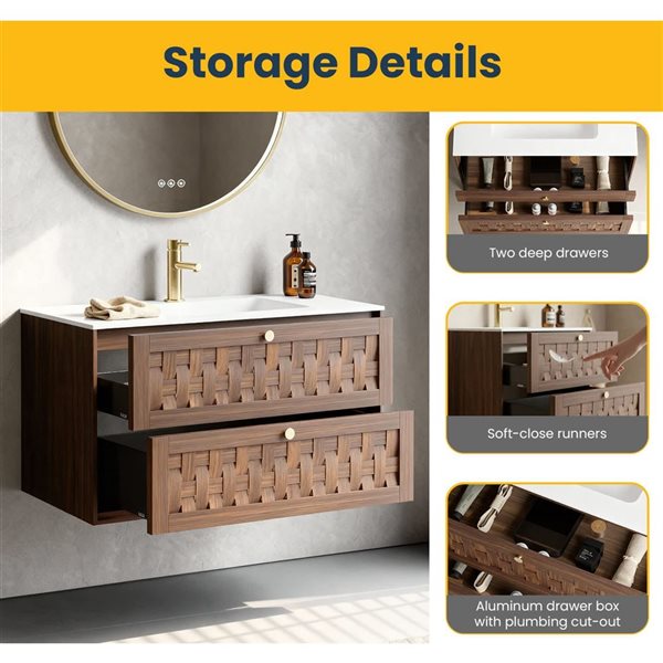 GEF Tory Bathroom Vanity in Walnut 36 x 19-in 2-Drawer Wall-Mounted with Matte White Countertop