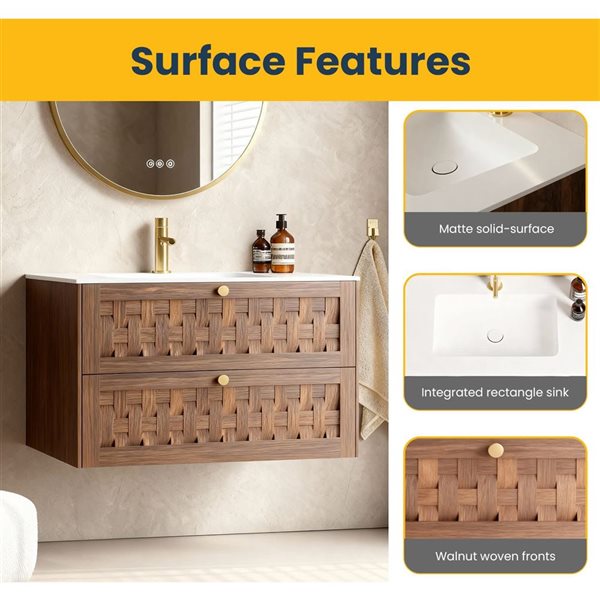 GEF Tory Bathroom Vanity in Walnut 36 x 19-in 2-Drawer Wall-Mounted with Matte White Countertop