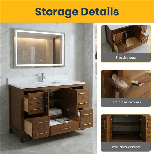 GEF Willow Bathroom Vanity in Walnut 48 x 22-in 2-Door 5-Drawer Freestanding with Calcutta Marble Countertop