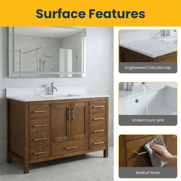 GEF Willow Bathroom Vanity in Walnut 48 x 22-in 2-Door 5-Drawer Freestanding with Calcutta Marble Countertop