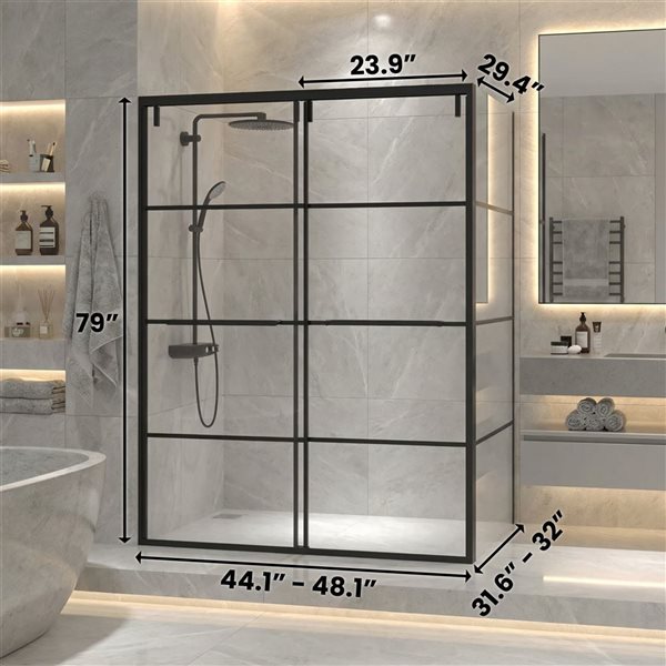 GEF Terry Framed Reversible Sliding Shower Door 48 x 79-in with 32-in Side Panel - Matte Black