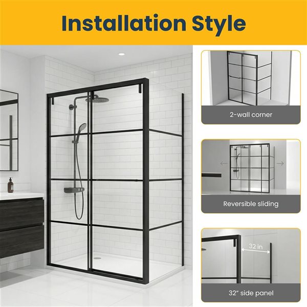 GEF Terry Framed Reversible Sliding Shower Door 48 x 79-in with 32-in Side Panel - Matte Black