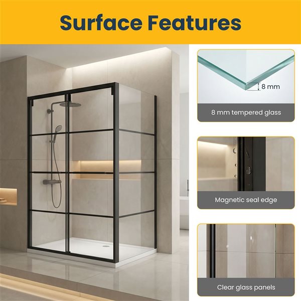 GEF Terry Framed Reversible Sliding Shower Door 48 x 79-in with 32-in Side Panel - Matte Black