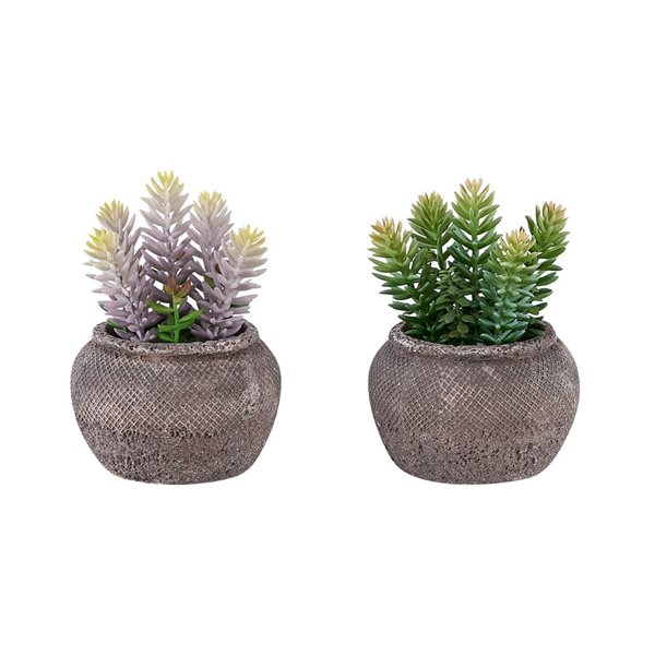 Set of 2 Monarch Specialties Artificial Plants 8-in Tall w/ Brown Cement Pots - Succulent