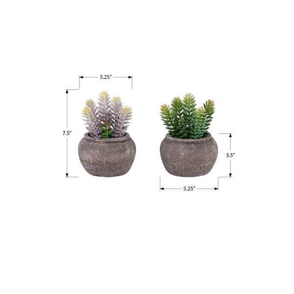 Set of 2 Monarch Specialties Artificial Plants 8-in Tall w/ Brown Cement Pots - Succulent