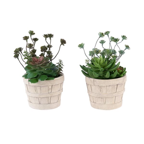 Set of 2 Monarch Specialties Artificial Plants 9-in Tall w/ Beige Cement Pots - Succulent