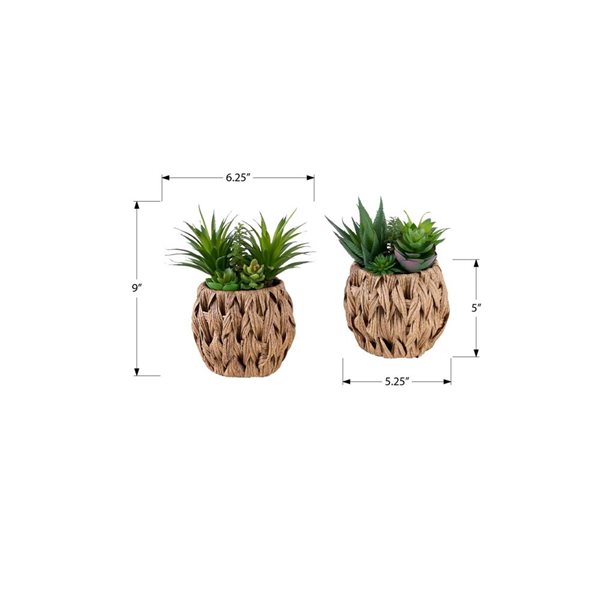 Set of 2 Monarch Specialties Artificial Plants 9-in Tall w/ Brown Woven Baskets - Succulent
