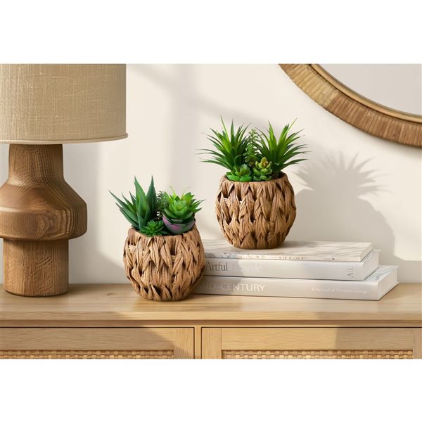 Set of 2 Monarch Specialties Artificial Plants 9-in Tall w/ Brown Woven Baskets - Succulent
