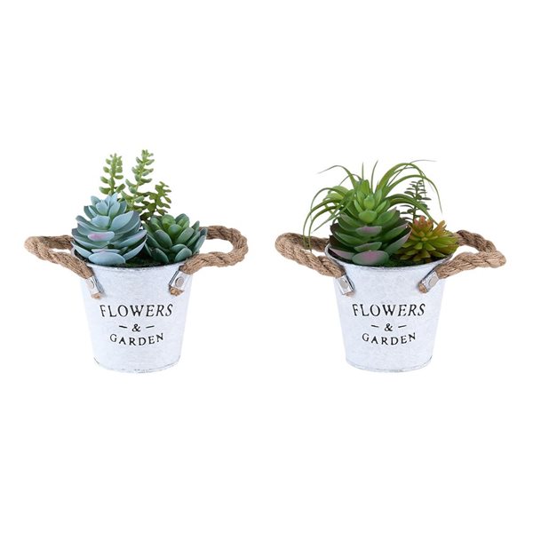 Set of 2 Monarch Specialties Artificial Plants 7-in Tall w/ White Metal Pots - Succulent